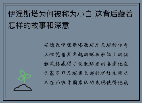 伊涅斯塔为何被称为小白 这背后藏着怎样的故事和深意