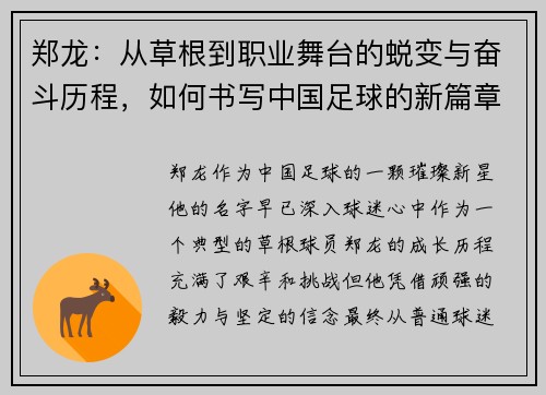 郑龙：从草根到职业舞台的蜕变与奋斗历程，如何书写中国足球的新篇章